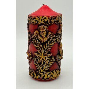 Vintage Red Christmas Pillar Candle with Gold Accent Angels, Stars, Bells & Garl